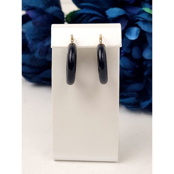 14K Yellow Gold Onyx Hoop Earrings 1" Diameter 6.29 Grams - Picture 2 of 6